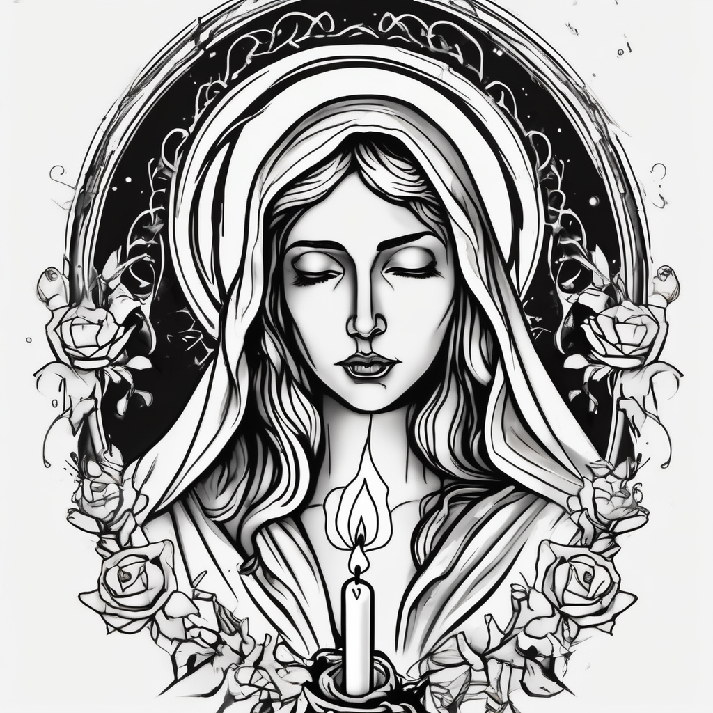 virgin maria holds 1 candle in her hand, tattoo should be full color fishing tattoos, AI-generated Watercolor tattoo design